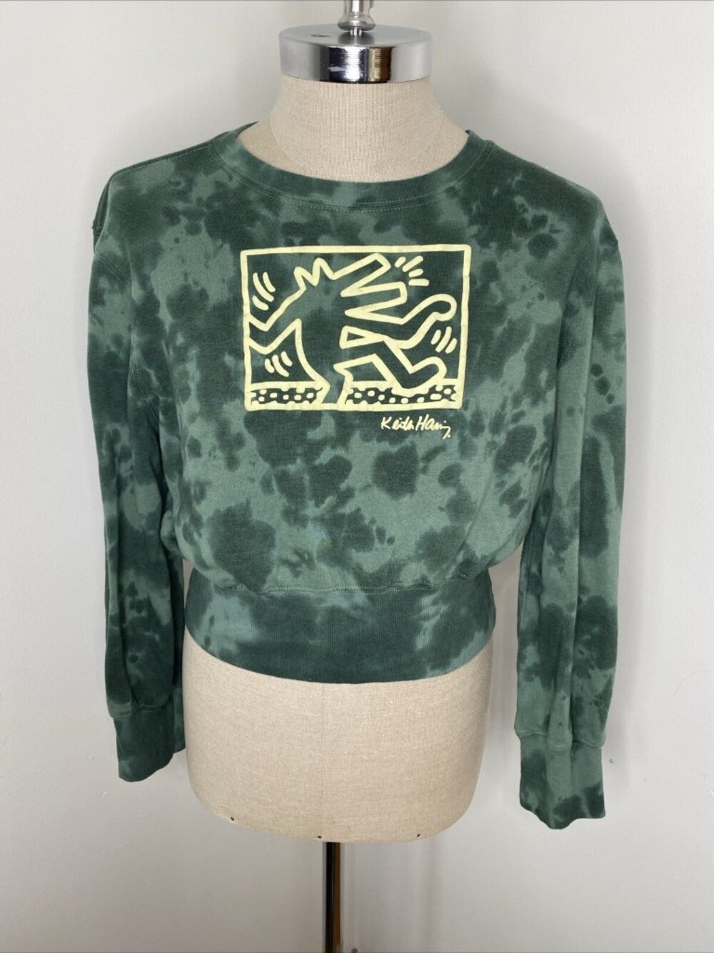 Keith Haring Long Sleeve Crop Top Tie Dye Women XXL Dancing Dog Green